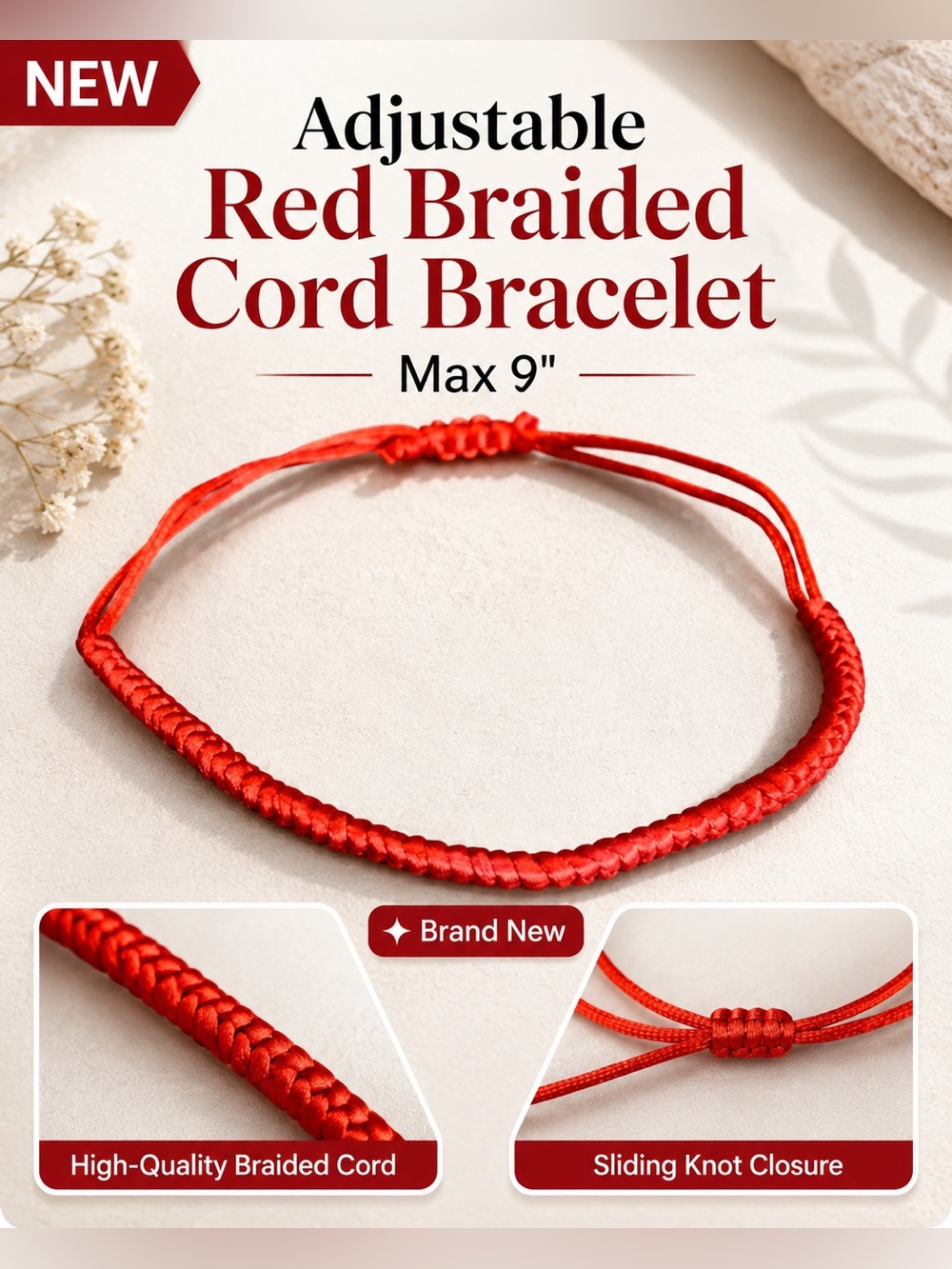 NEW Adjustable Red Braided Cord Bracelet - Max 9"